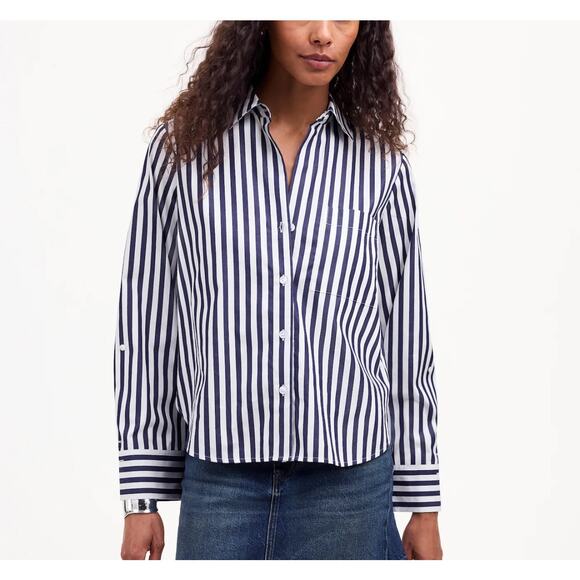 Madewell Women's Y-Neck Button Up Navy Striped Shirt Blouse L Large New - Picture 1 of 12